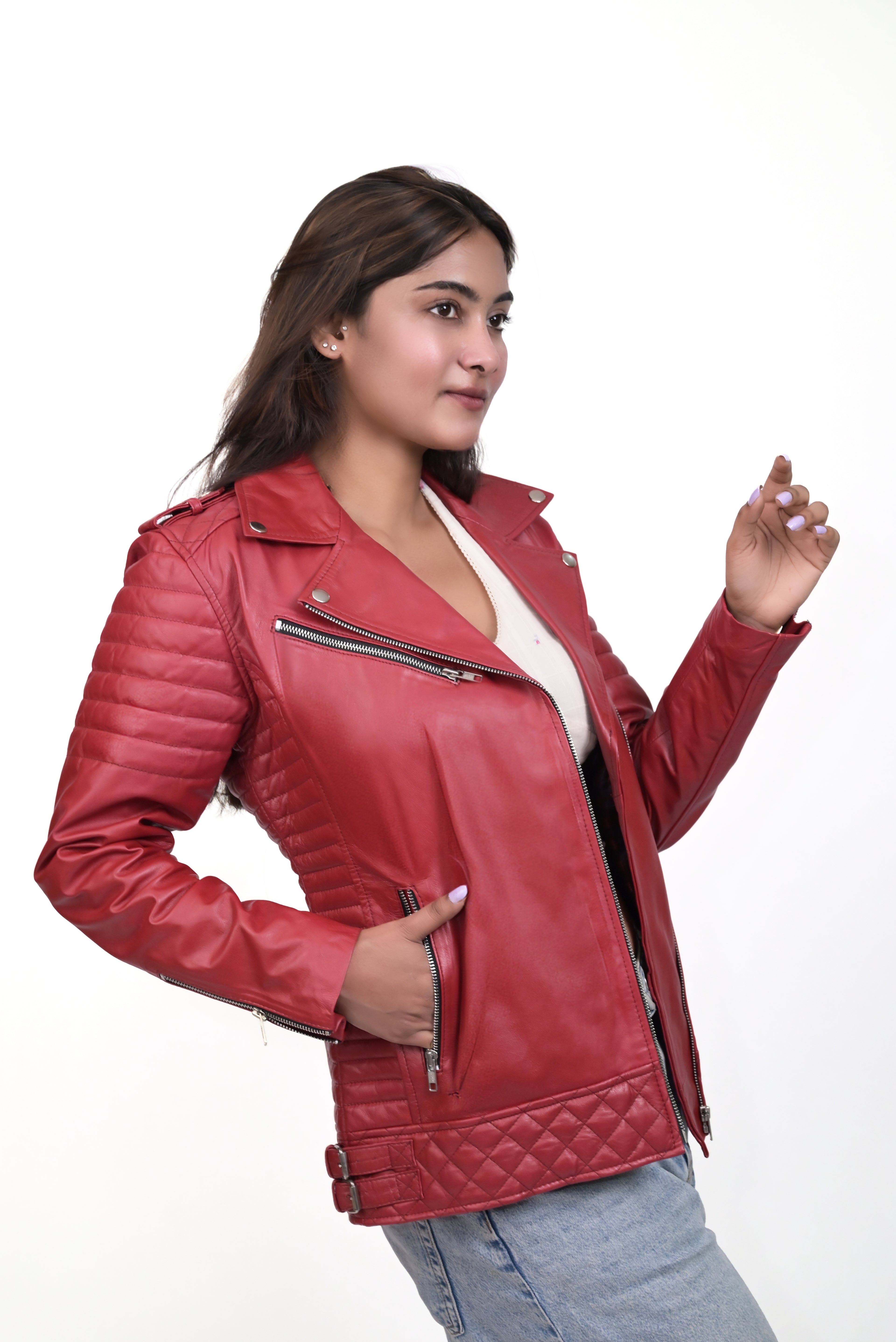 FINEHIDE SCARLET REBEL QUILTED SHOULDER BIKER / RIDER  GENUINE LEATHER JACKETS FOR WOMEN