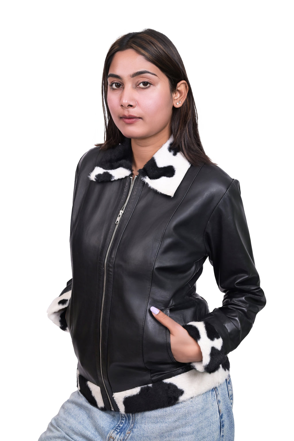 FINEHIDE  BLACK AND WHITE FUR / TRIMMED  GENUINE LEATHER JACKETS FOR WOMEN