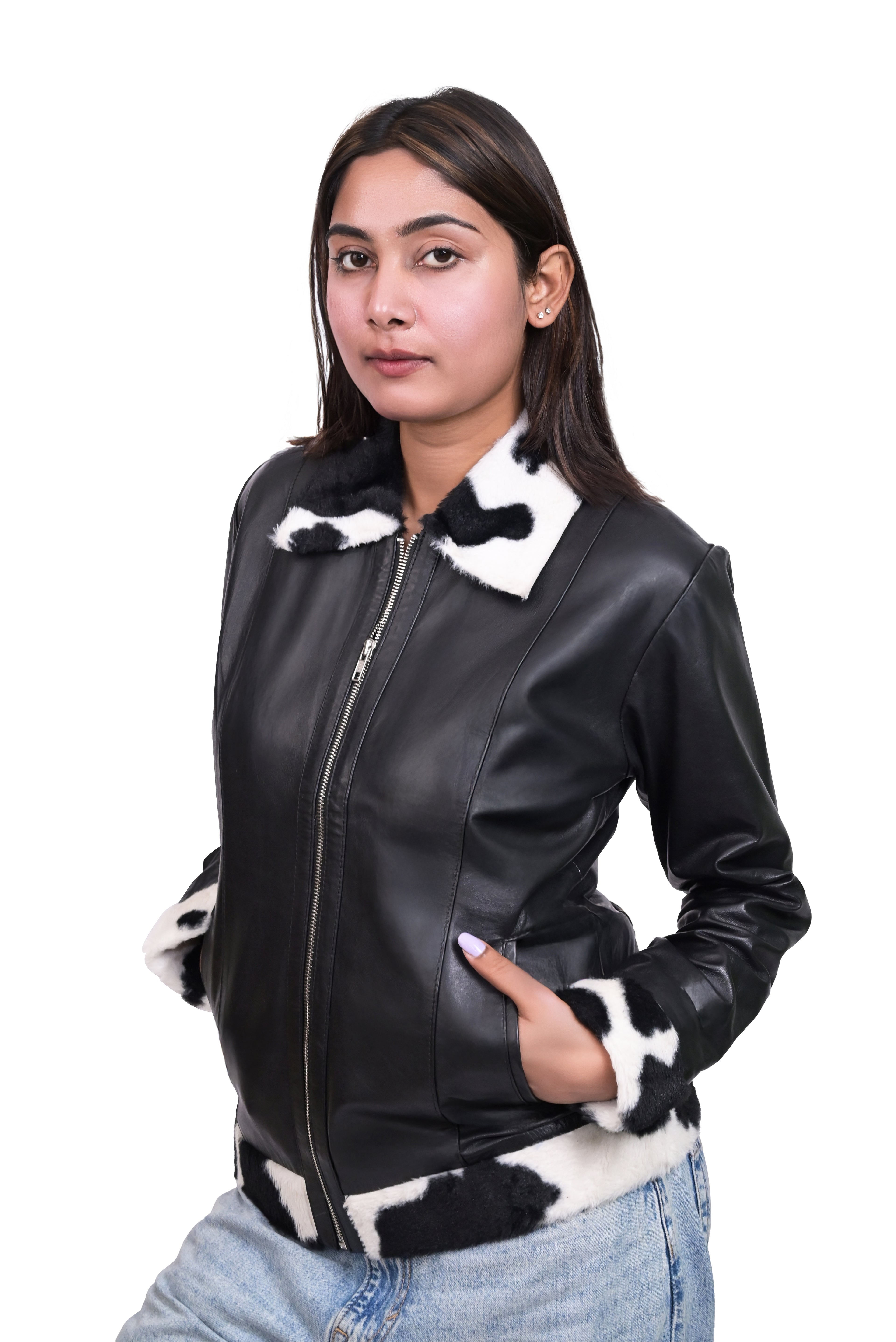 FINEHIDE  BLACK AND WHITE FUR / TRIMMED  GENUINE LEATHER JACKETS FOR WOMEN