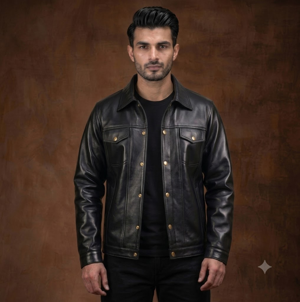 FINEHIDE MEN’S BLACK LEATHER SHIRT COLLAR JACKET WITH FLAP POCKETS