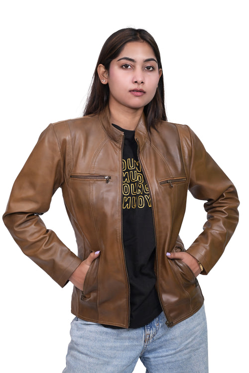FINEHIDE CARAMEL  BROWN  GENUINE LEATHER JACKET FOR WOMEN
