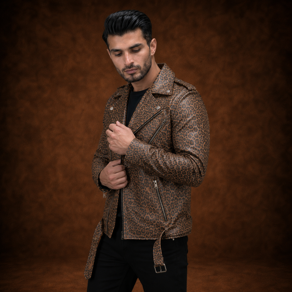 FINEHIDE  LEOPARD  BIKER GENUINE LEATHER JACKET FOR MEN