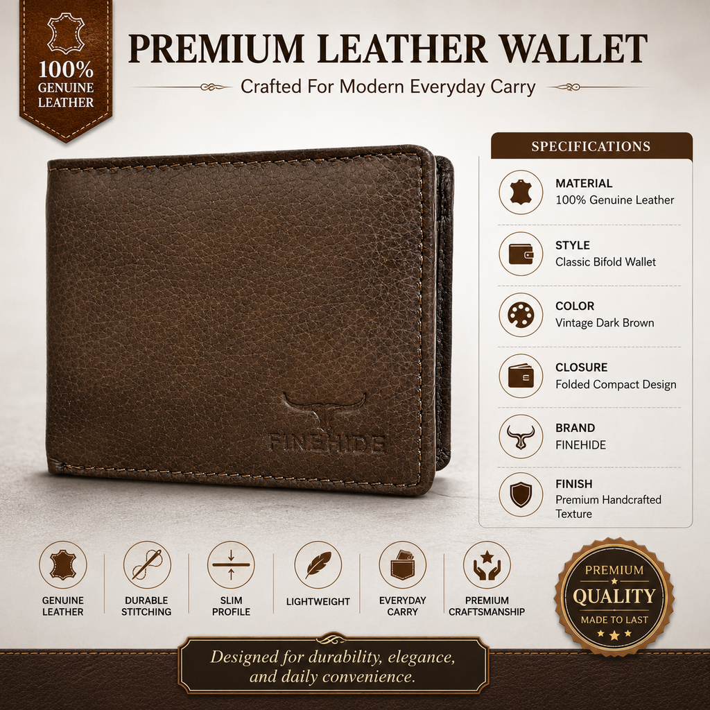Finehide Classic Bifold Wallet for Men's Dark Brown Genuine Leather, Premium Gift Box