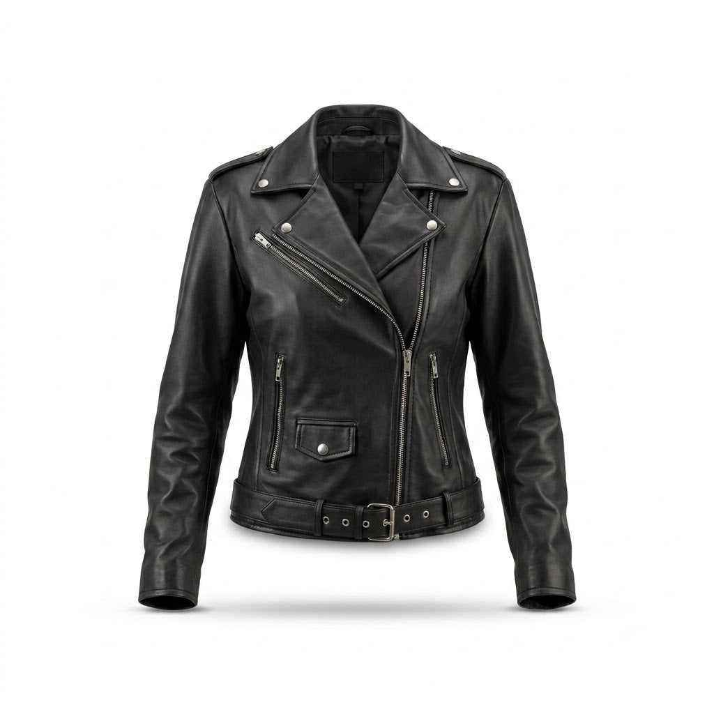 FINEHIDE WOMEN’S BLACK GENUINE LEATHER BELTED BIKER JACKET