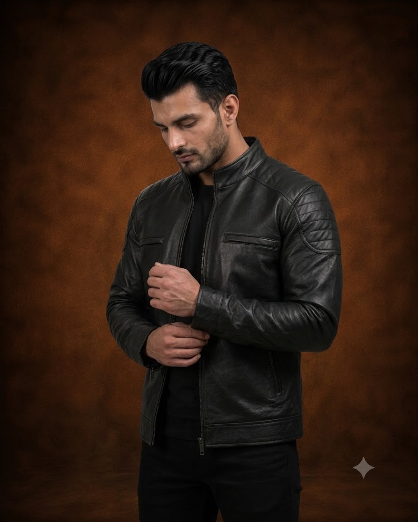 FINEHIDE MEN’S BLACK GENUINE LEATHER BIKER JACKET WITH ZIPPER POCKETS