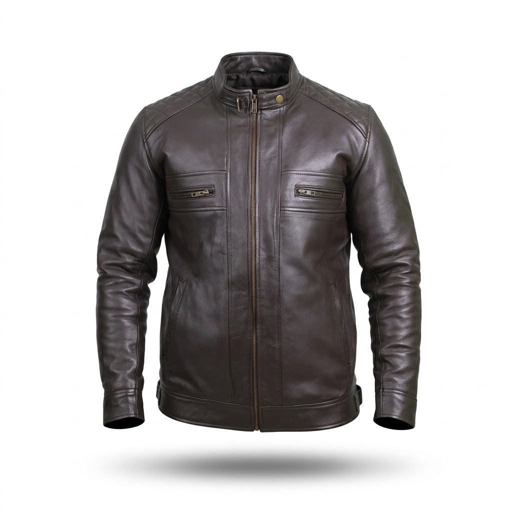 FINEHIDE MEN’S DARK HERITAGE BROWN GENUINE LEATHER BIKER JACKET  FOR MEN