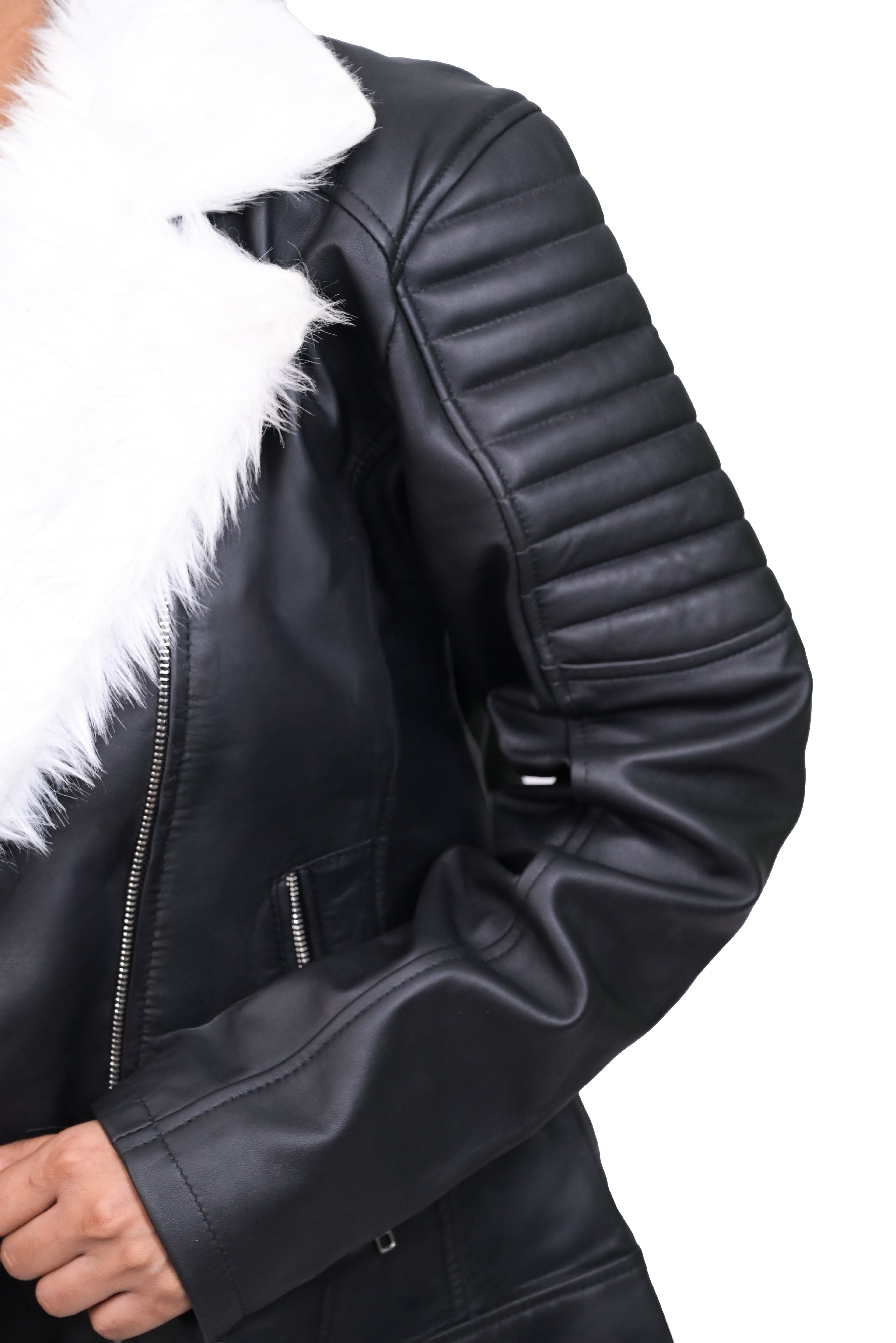 FINEHIDE ARCTIC CHARM BLACK BIKER JACKET WITH WHITE FUR LAPELES GENUINE   LEATHER JACKETS FOR WOMEN