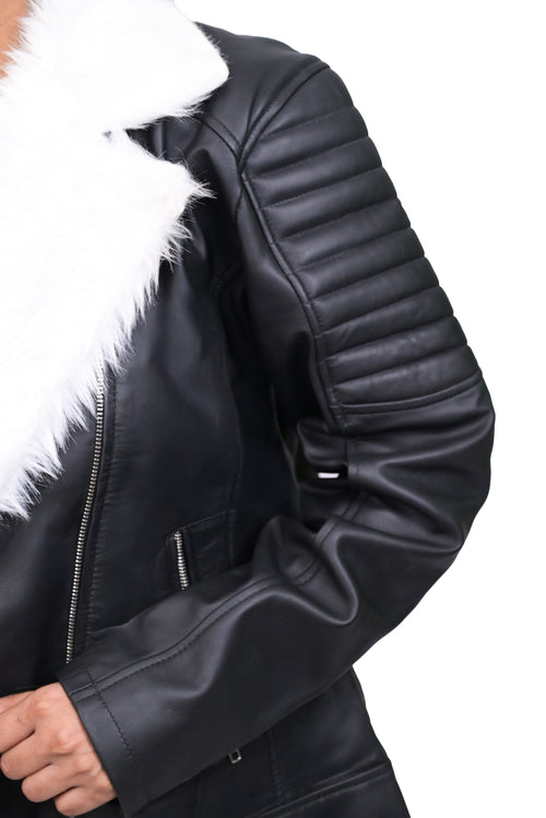 FINEHIDE ARCTIC CHARM BLACK BIKER JACKET WITH WHITE FUR LAPELES GENUINE   LEATHER JACKETS FOR WOMEN