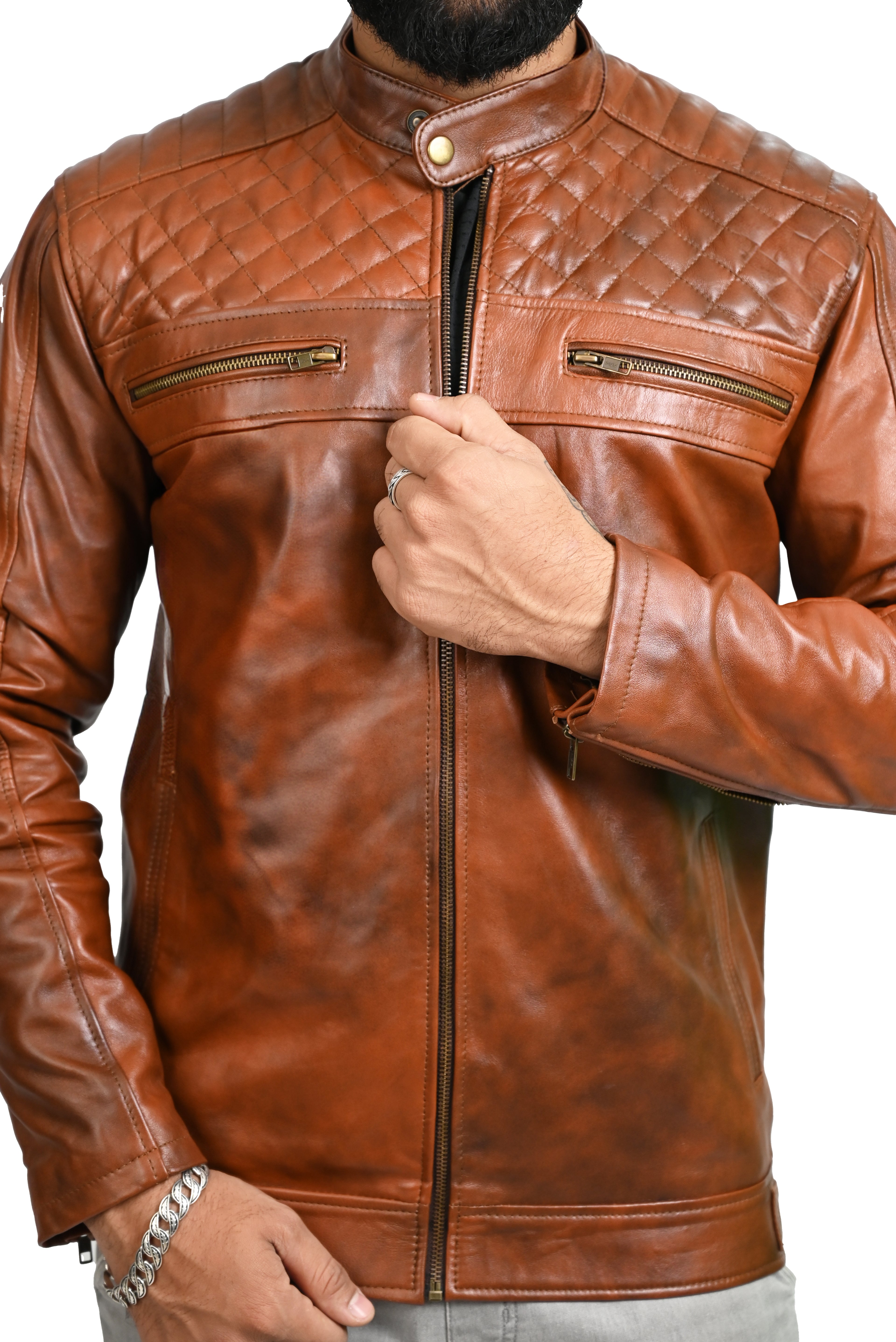 FINEHIDE QUILTED REGAL TANANTIQUE  GENUINE LEATHER JACKETS FOR MENS