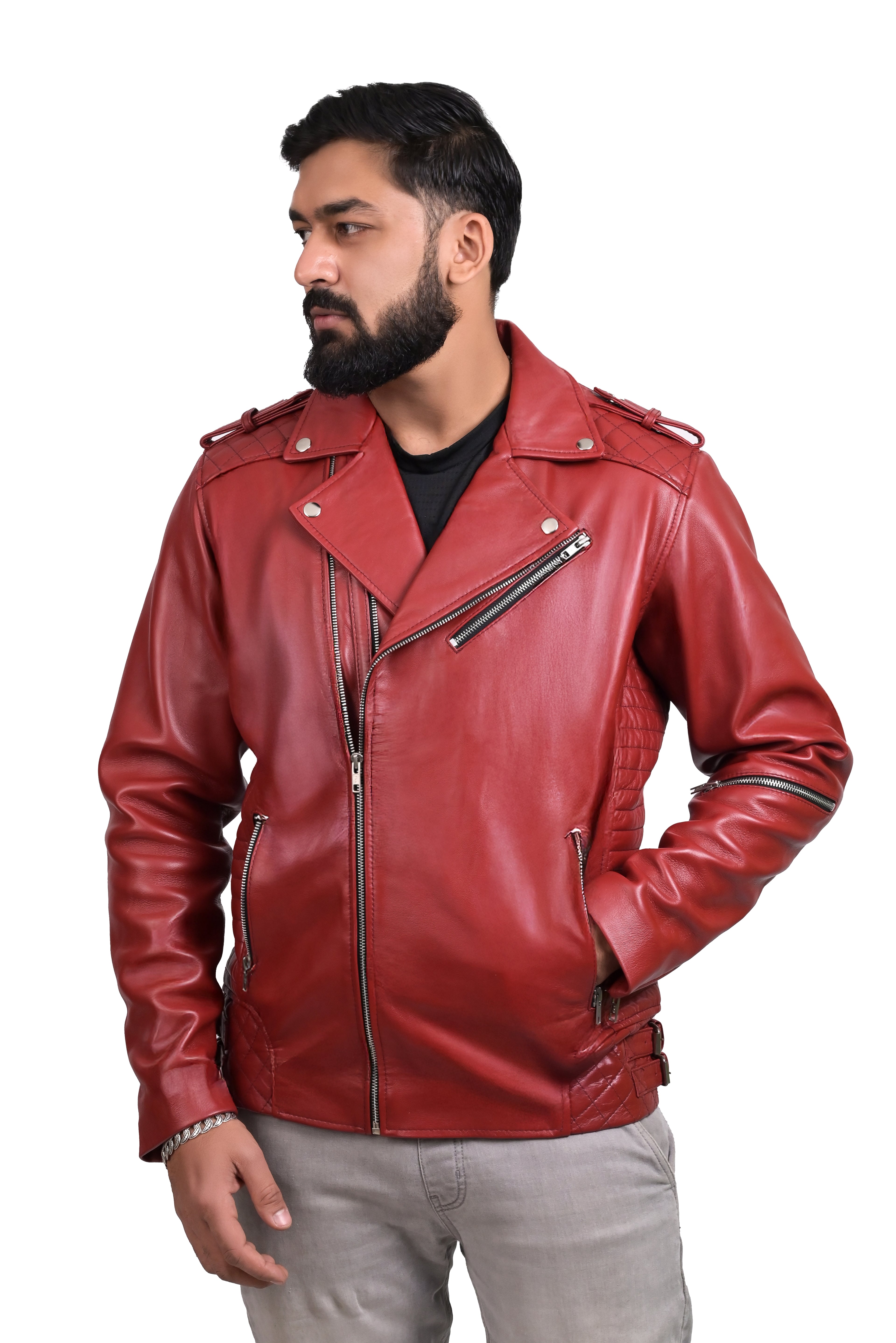 FINEHIDE  BOLD RED BIKER / RIDER GENUINE LEATHER JACKETS FOR MENS