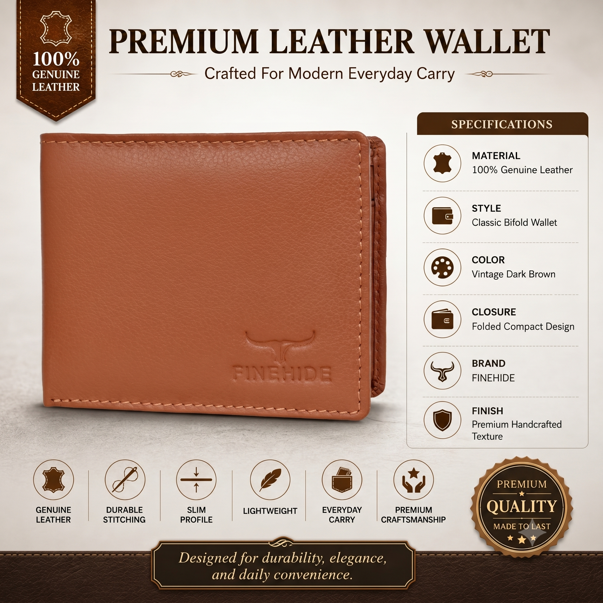 Finehide Slim Bifold Wallet for Men's Cognac Leather,  Gift Box