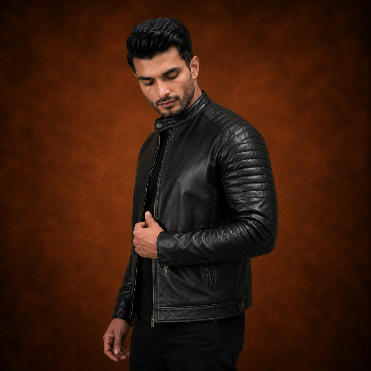 FINEHIDE MEN’S BLACK GENUINE LEATHER BOMBER JACKET FOR MEN