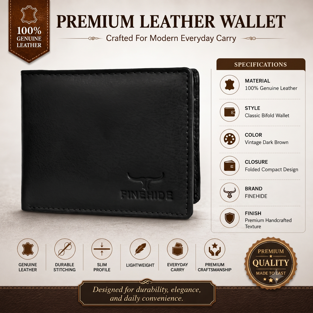 Finehide Classic Bifold Wallet for Men's Black Genuine Leather,  Premium Gift Box
