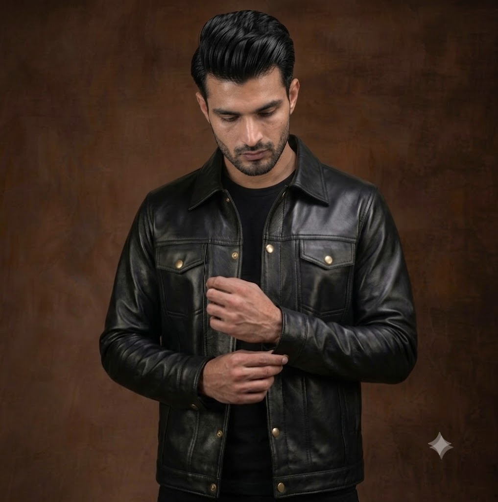 FINEHIDE MEN’S BLACK LEATHER SHIRT COLLAR JACKET WITH FLAP POCKETS