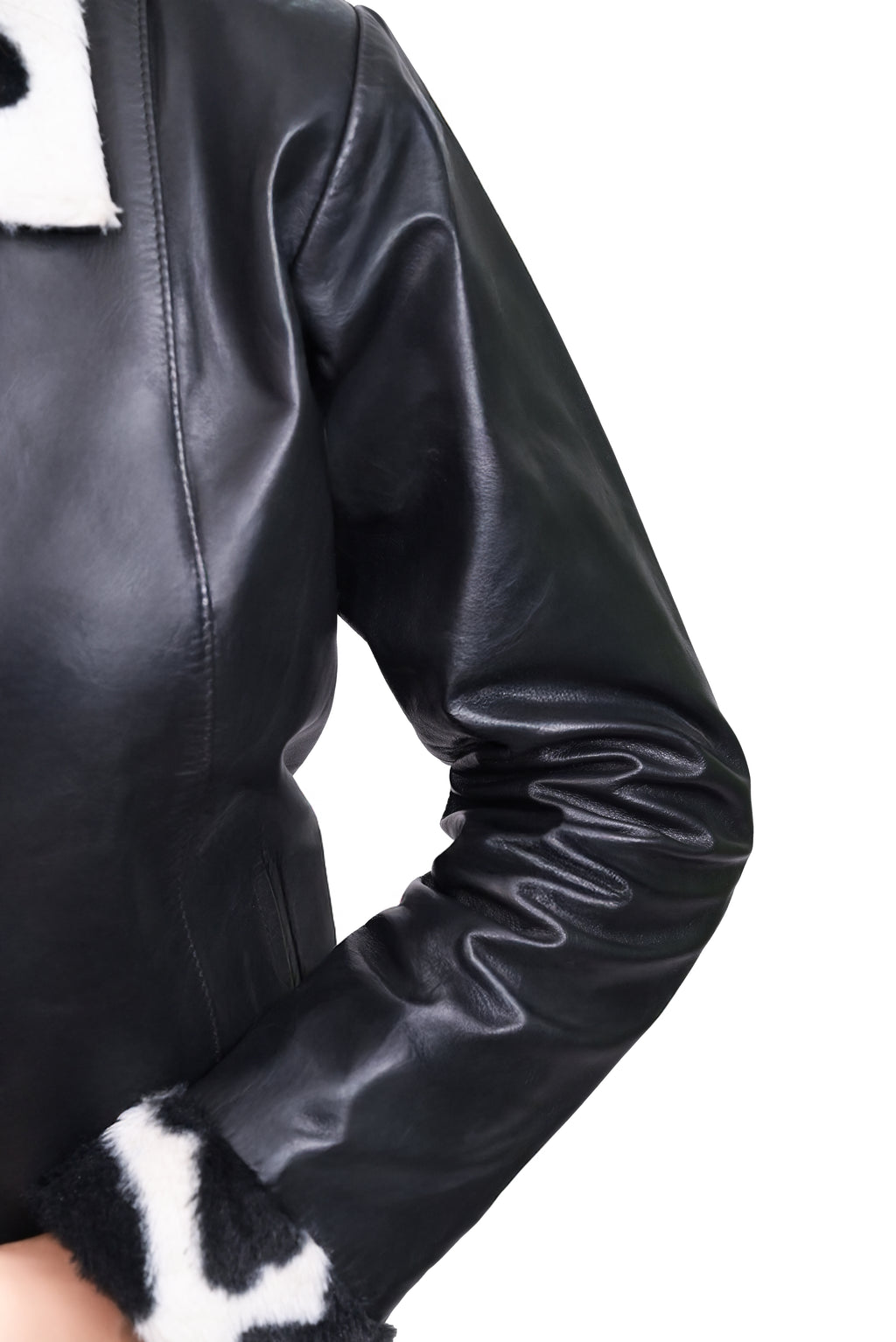 FINEHIDE  BLACK AND WHITE FUR / TRIMMED  GENUINE LEATHER JACKETS FOR WOMEN