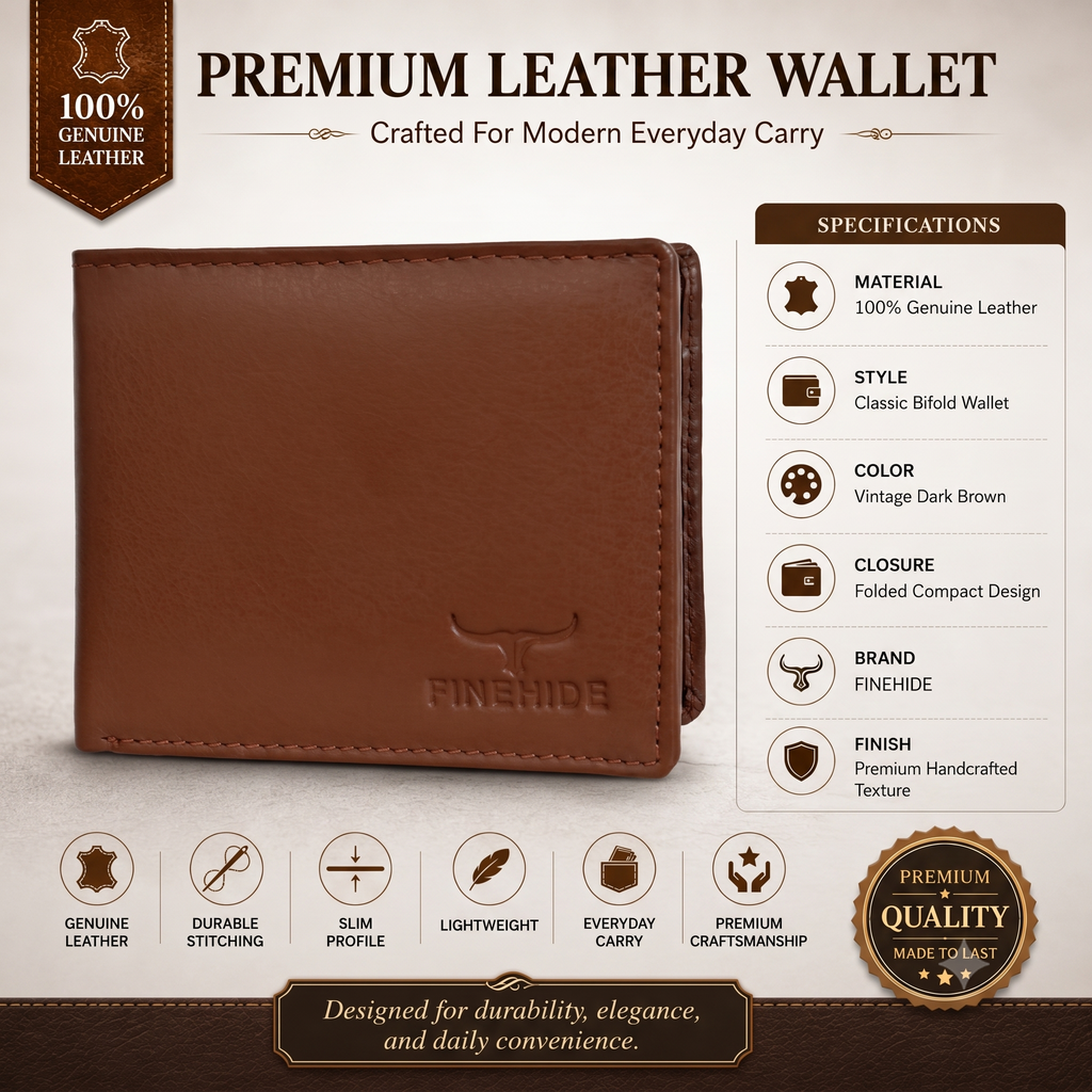 Finehide Classic Bifold Wallet for Men's Tan Genuine Leather, Premium Gift Box