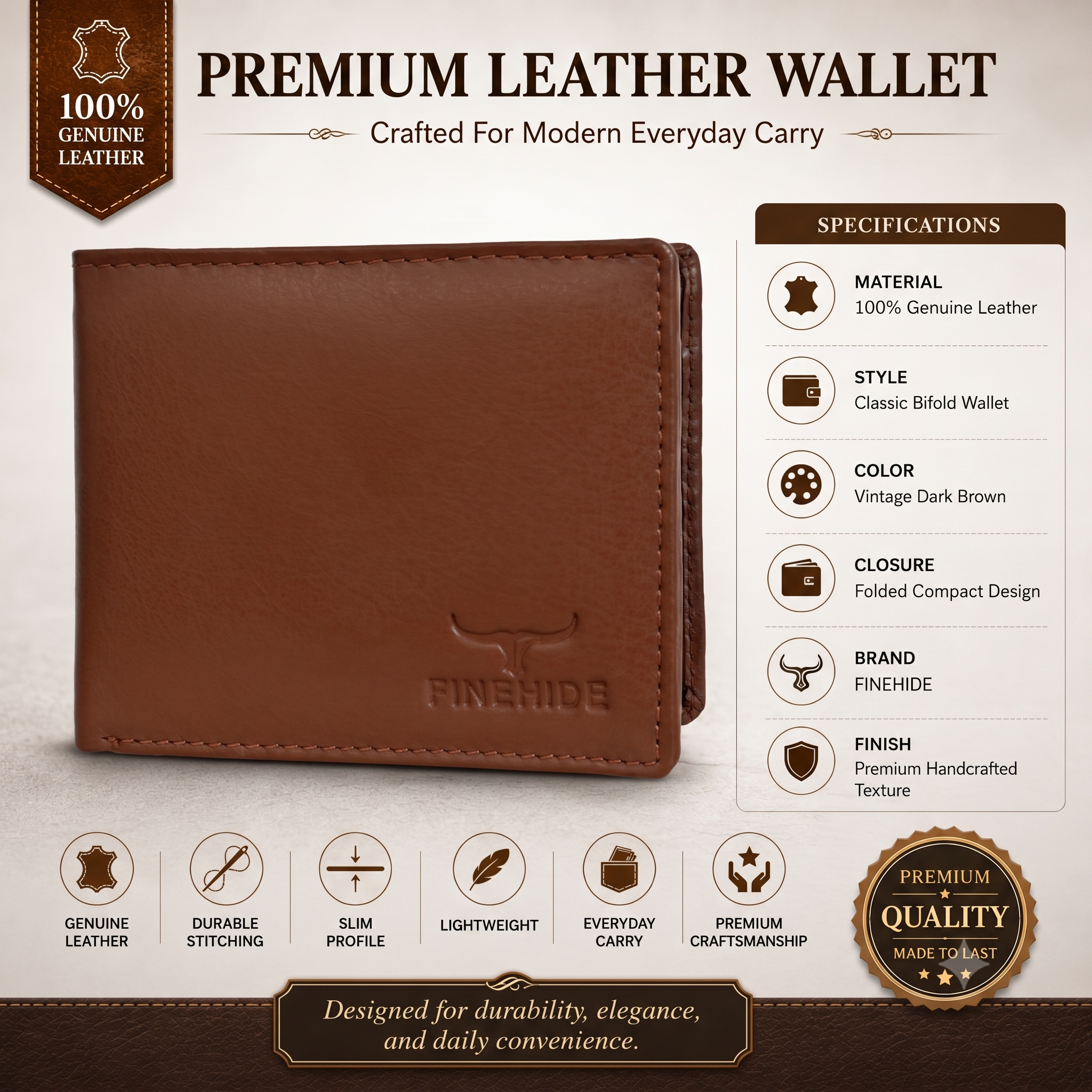 Finehide Classic Bifold Wallet for Men's Tan Genuine Leather, Premium Gift Box