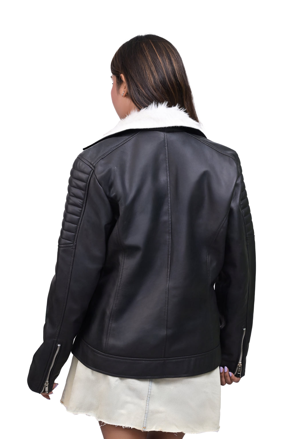 FINEHIDE ARCTIC CHARM BLACK BIKER JACKET WITH WHITE FUR LAPELES GENUINE   LEATHER JACKETS FOR WOMEN