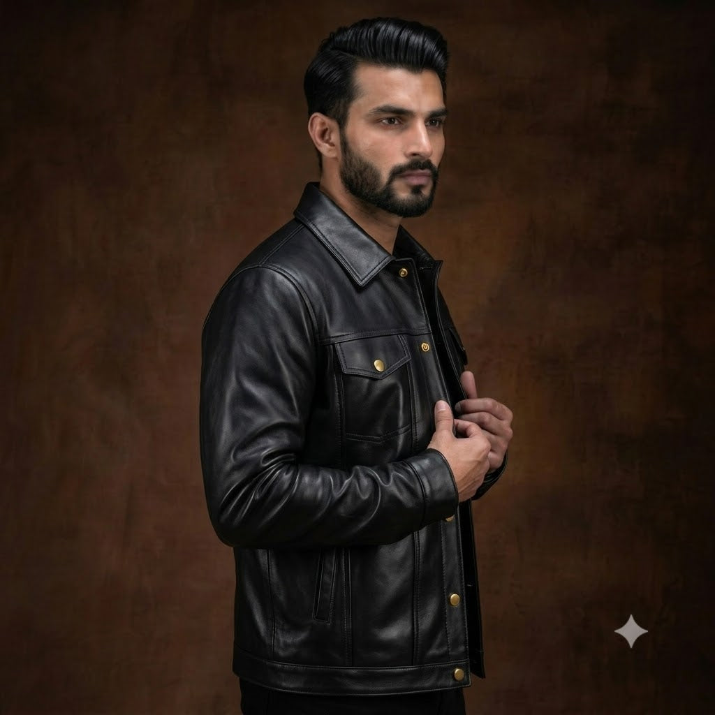 FINEHIDE MEN’S BLACK LEATHER SHIRT COLLAR JACKET WITH FLAP POCKETS