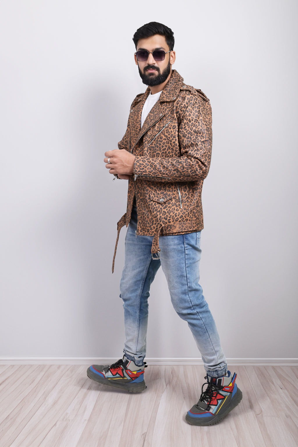FINEHIDE BOLD LEOPARD PRINT BIKER GENUINE LEATHER JACKET FOR MEN