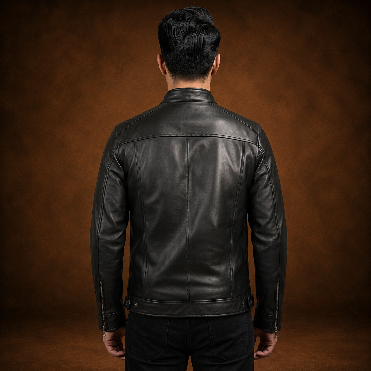 FINEHIDE MEN’S BLACK GENUINE  LEATHER BIKER JACKET WITH SNAP COLLAR FOR MEN