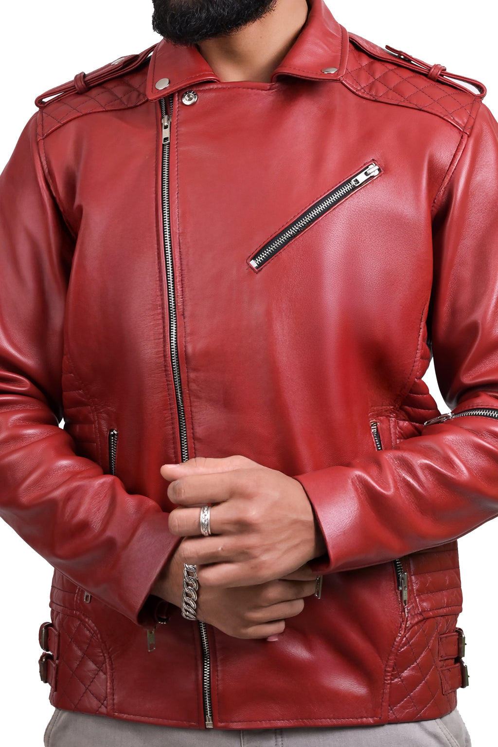 FINEHIDE  BOLD RED BIKER / RIDER GENUINE LEATHER JACKETS FOR MENS