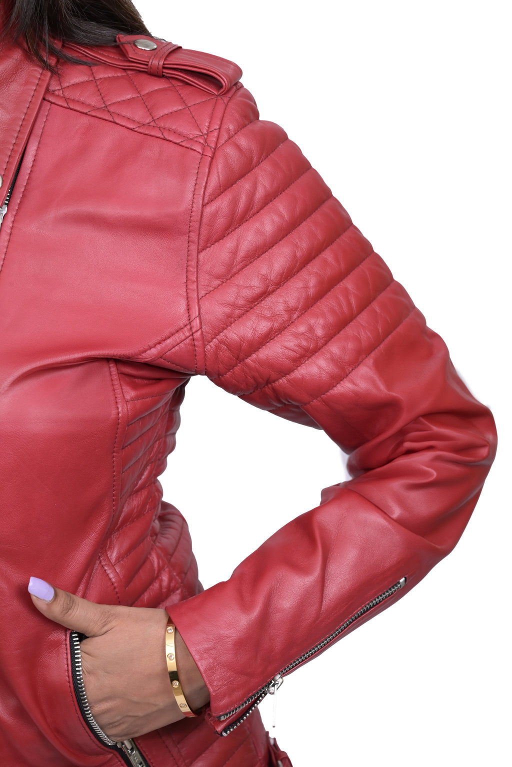 FINEHIDE SCARLET REBEL QUILTED SHOULDER BIKER / RIDER  GENUINE LEATHER JACKETS FOR WOMEN