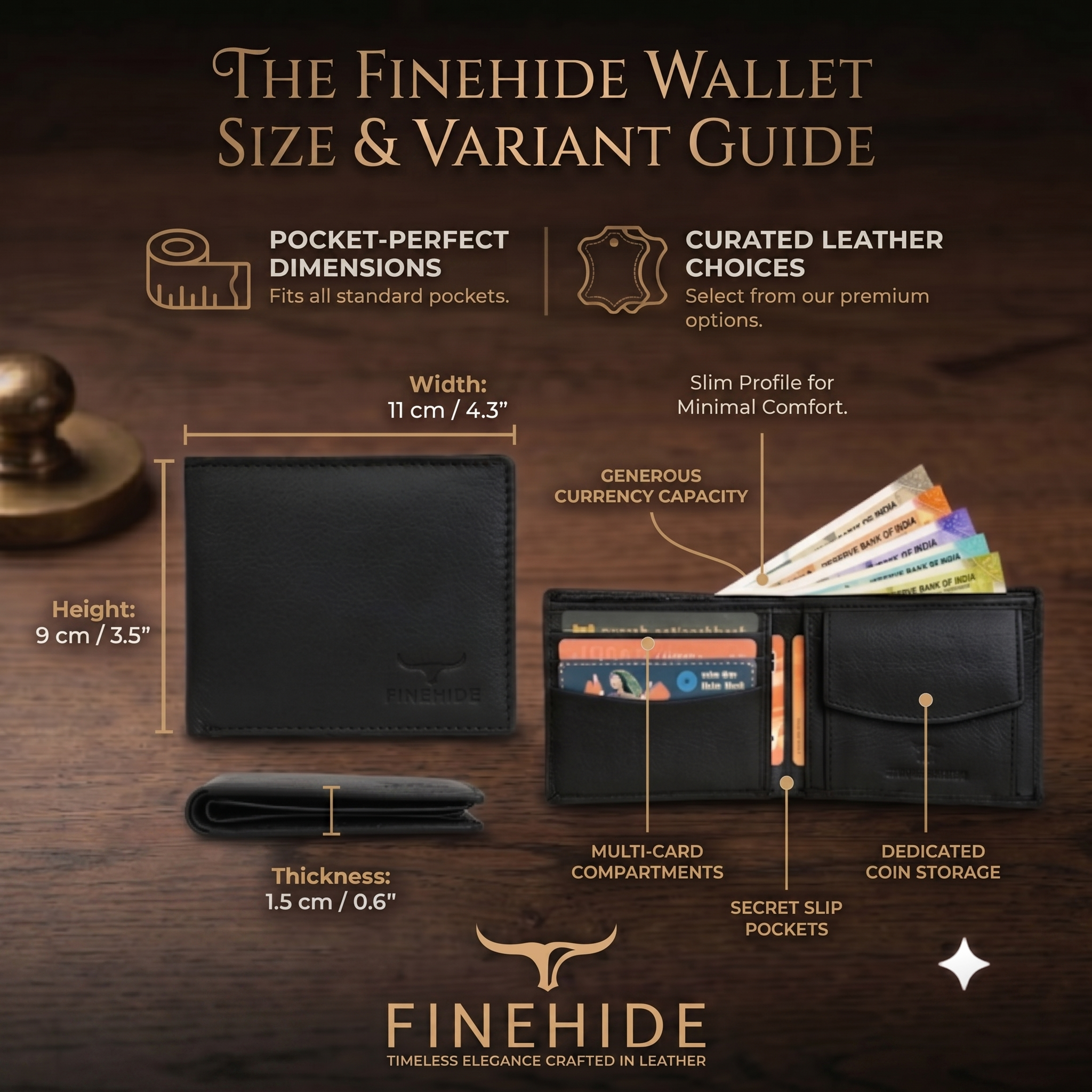 Finehide Classic Bifold Wallet for Men's Black Genuine Leather,  Premium Gift Box