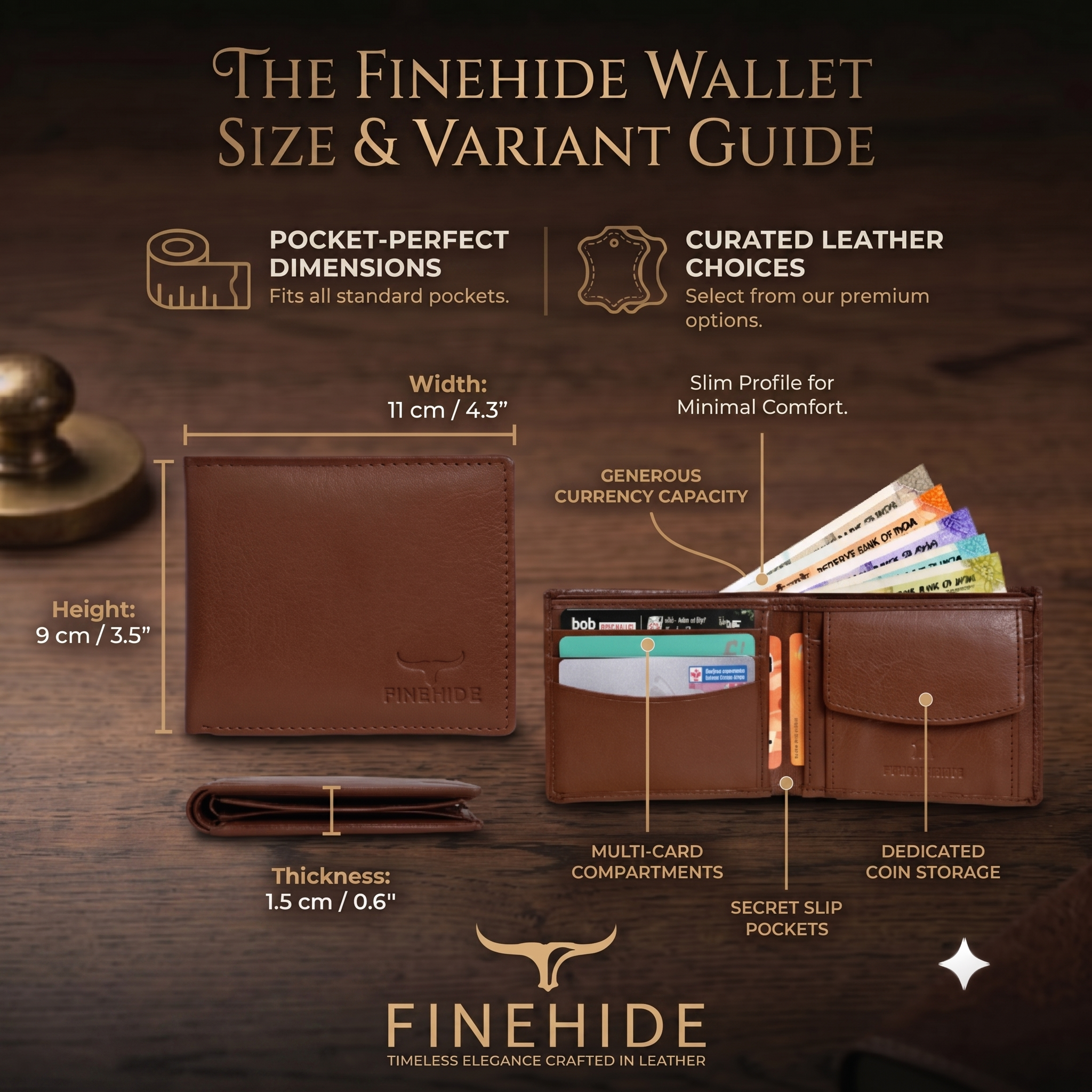 Finehide Classic Bifold Wallet for Men's Tan Genuine Leather, Premium Gift Box