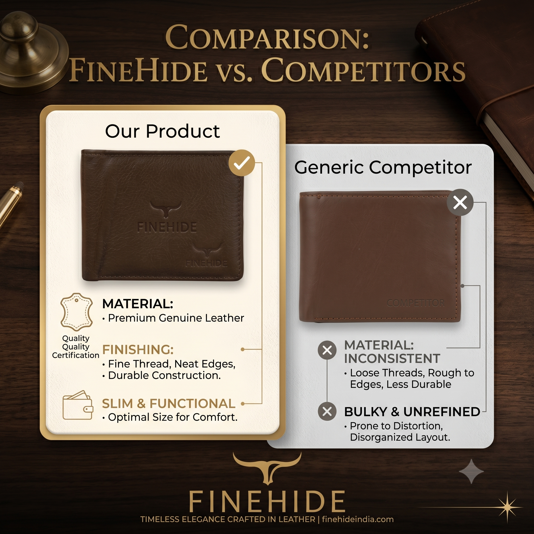 Finehide Classic Bifold Wallet for Men's Dark Brown Genuine Leather, Premium Gift Box