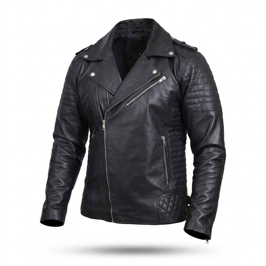 FINEHIDE MEN’S BLACK  BIKER GENUINE LEATHER JACKET FOR MEN
