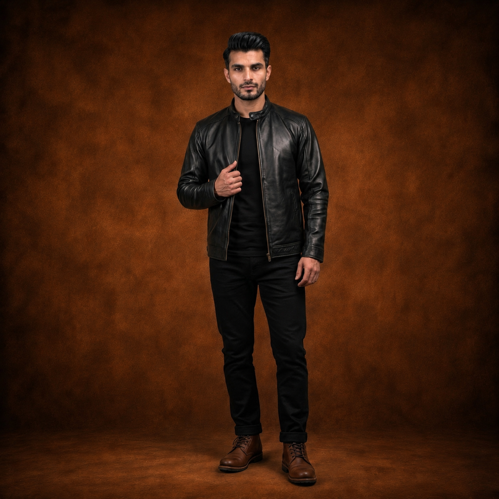 FINEHIDE MEN’S BLACK GENUINE  LEATHER BIKER JACKET WITH SNAP COLLAR FOR MEN