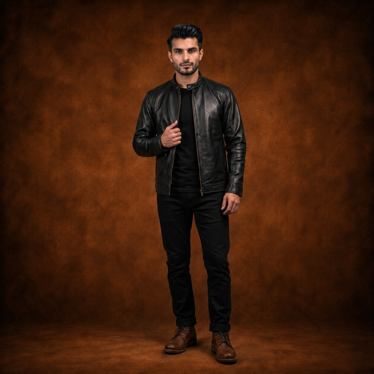 FINEHIDE MEN’S BLACK GENUINE  LEATHER BIKER JACKET WITH SNAP COLLAR FOR MEN