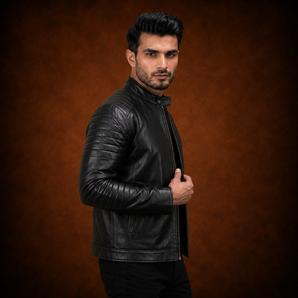 FINEHIDE MEN’S BLACK GENUINE LEATHER BOMBER JACKET FOR MEN