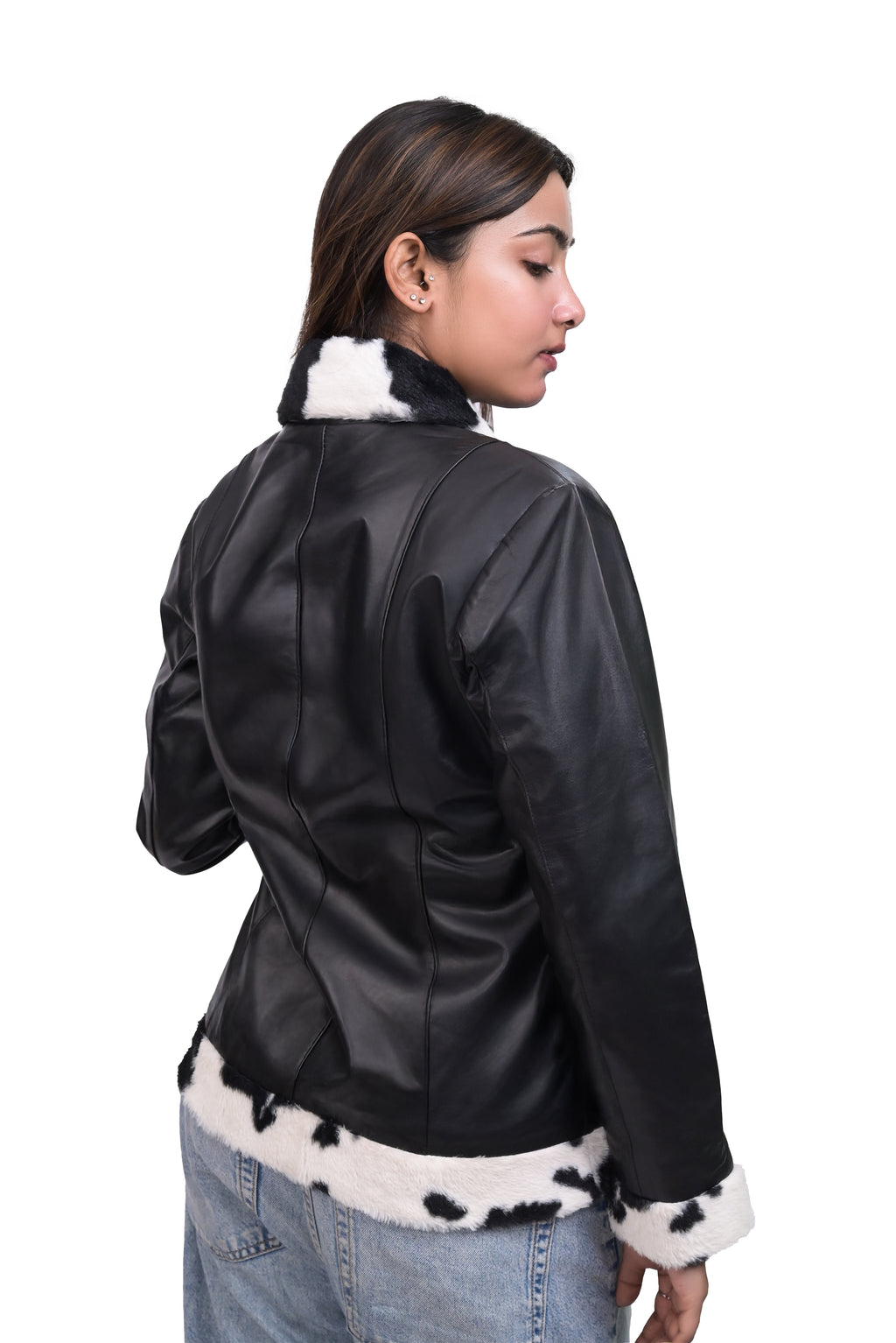 FINEHIDE  BLACK AND WHITE FUR / TRIMMED  GENUINE LEATHER JACKETS FOR WOMEN