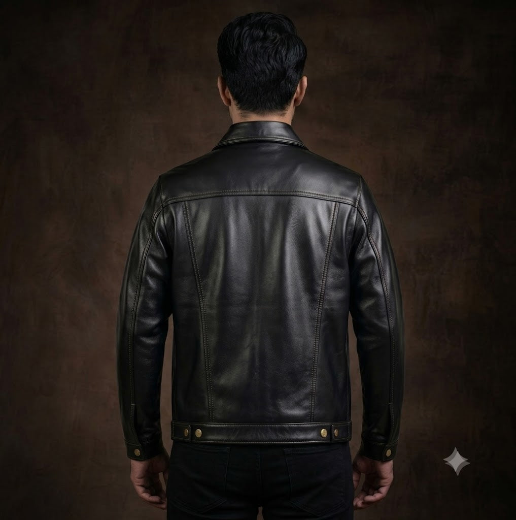 FINEHIDE MEN’S BLACK LEATHER SHIRT COLLAR JACKET WITH FLAP POCKETS