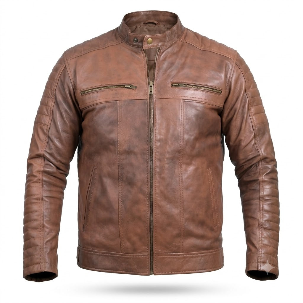 FINEHIDE MEN’S RUSTIC BROWN GENUINE LEATHER CAFE RACER JACKET FOR MEN