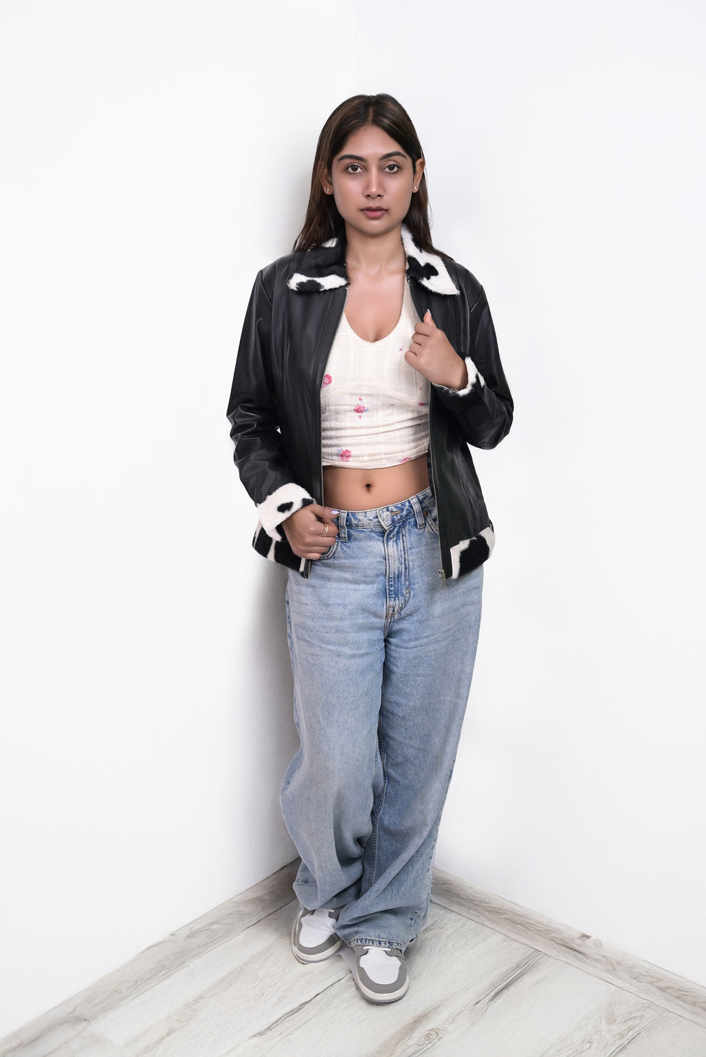 FINEHIDE  BLACK AND WHITE FUR / TRIMMED  GENUINE LEATHER JACKETS FOR WOMEN
