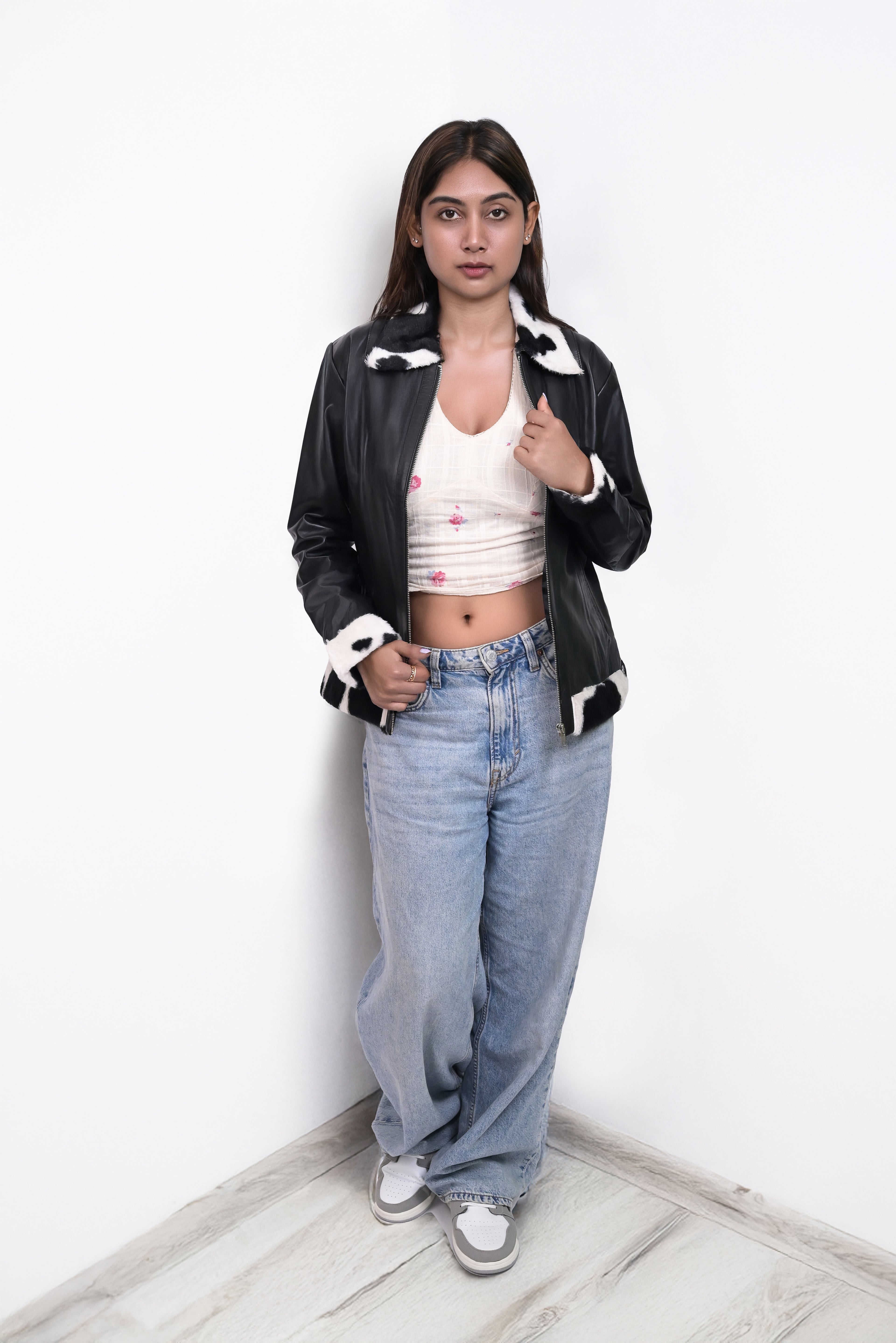 FINEHIDE  BLACK AND WHITE FUR / TRIMMED  GENUINE LEATHER JACKETS FOR WOMEN