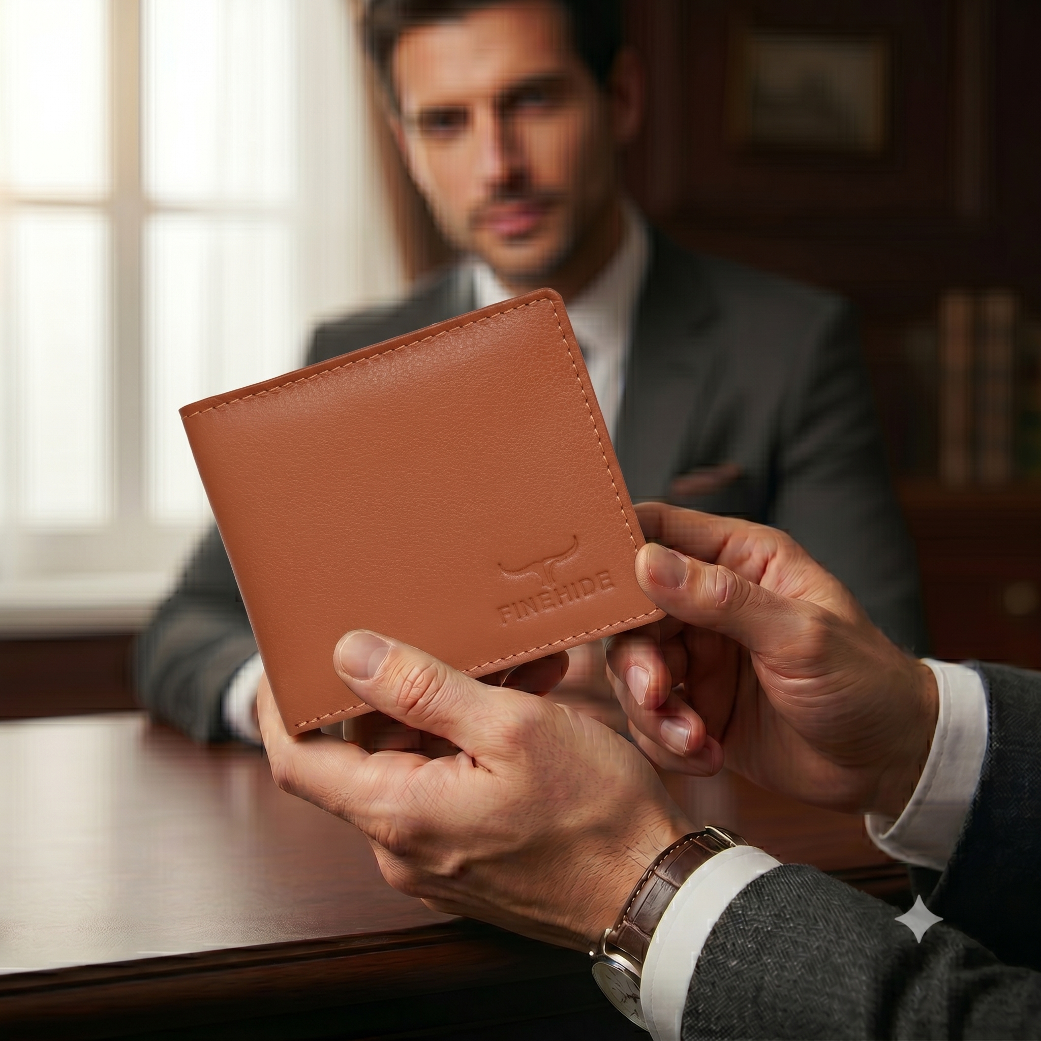 Finehide Slim Bifold Wallet for Men's Cognac Leather,  Gift Box