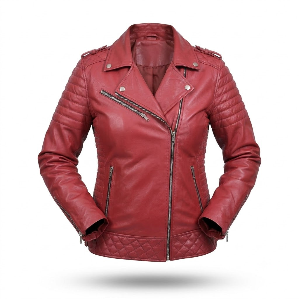 FINEHIDE WOMEN’S RED GENUINE LEATHER QUILTED BIKER JACKET FOR WOMEN