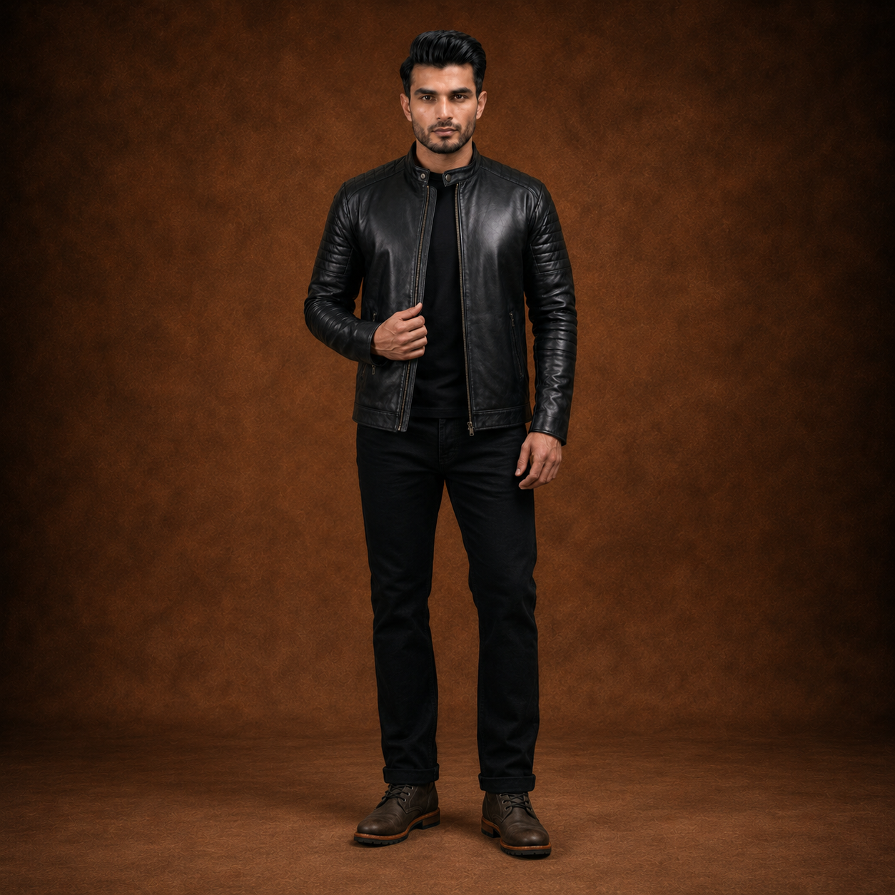 FINEHIDE MEN’S BLACK GENUINE LEATHER BOMBER JACKET FOR MEN