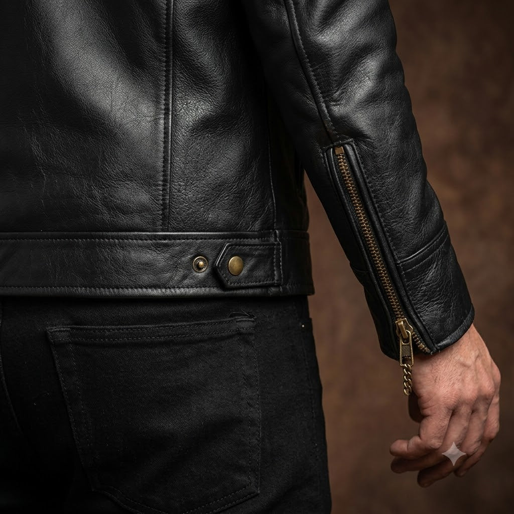 FINEHIDE MEN’S BLACK GENUINE  LEATHER BIKER JACKET WITH SNAP COLLAR FOR MEN