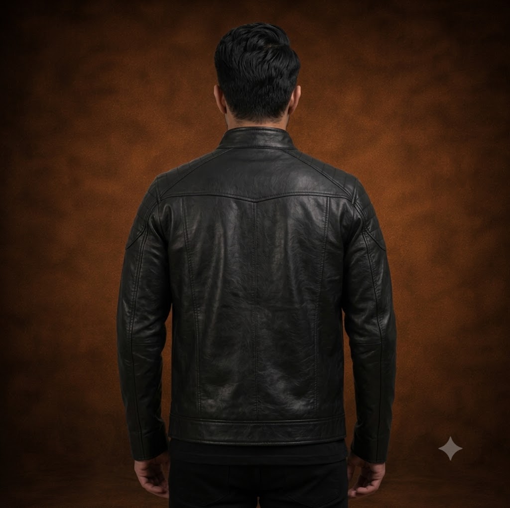 FINEHIDE MEN’S BLACK GENUINE LEATHER BIKER JACKET WITH ZIPPER POCKETS