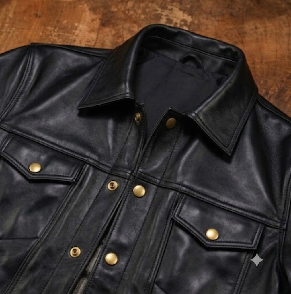 FINEHIDE MEN’S BLACK LEATHER SHIRT COLLAR JACKET WITH FLAP POCKETS