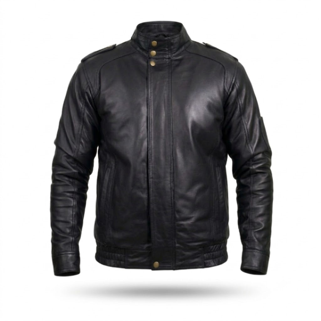 FINEHIDE MEN’S BLACK GENUINE LEATHER JACKET WITH HIGH COLLAR & SNAP BUTTONS FOR MENFINEHIDE  HIGH-NECK BLACK GENUINE LEATHER JACKET FOR MEN