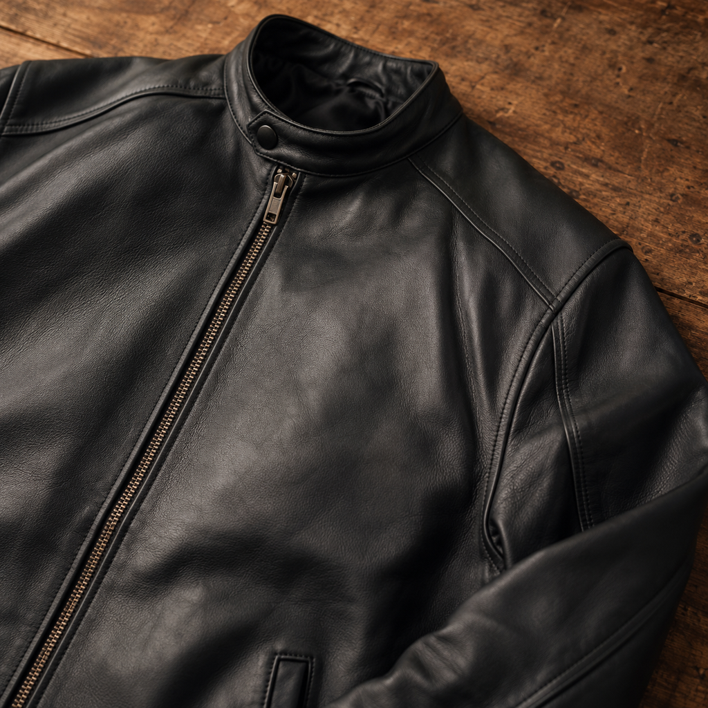 FINEHIDE MEN’S BLACK GENUINE  LEATHER BIKER JACKET WITH SNAP COLLAR FOR MEN