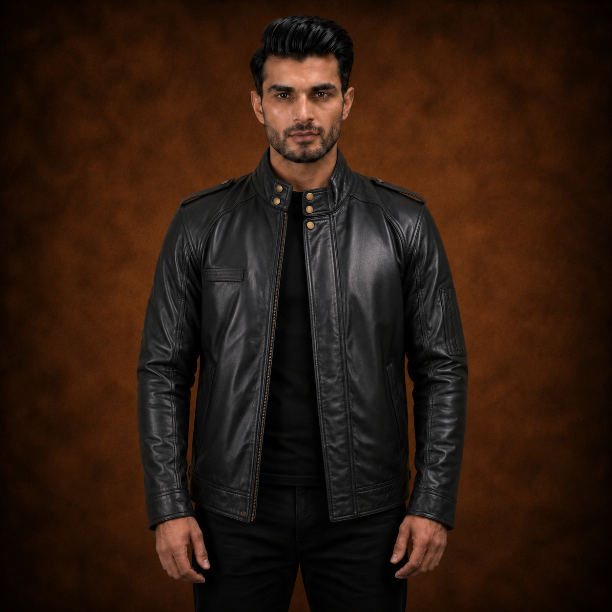 FINEHIDE MEN’S BLACK GENUINE LEATHER JACKET WITH HIGH COLLAR & SNAP BUTTONS FOR MENFINEHIDE  HIGH-NECK BLACK GENUINE LEATHER JACKET FOR MEN
