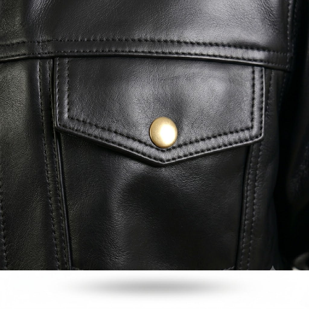 FINEHIDE MEN’S BLACK LEATHER SHIRT COLLAR JACKET WITH FLAP POCKETS