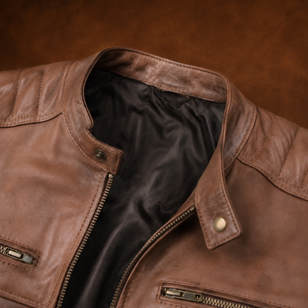 FINEHIDE MEN’S RUSTIC BROWN GENUINE LEATHER CAFE RACER JACKET FOR MEN